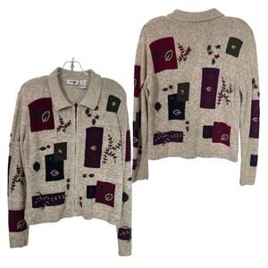 Retro 90s Embroidered Floral Cardigan Beige M Paul Harris Cozy Cottage Granny